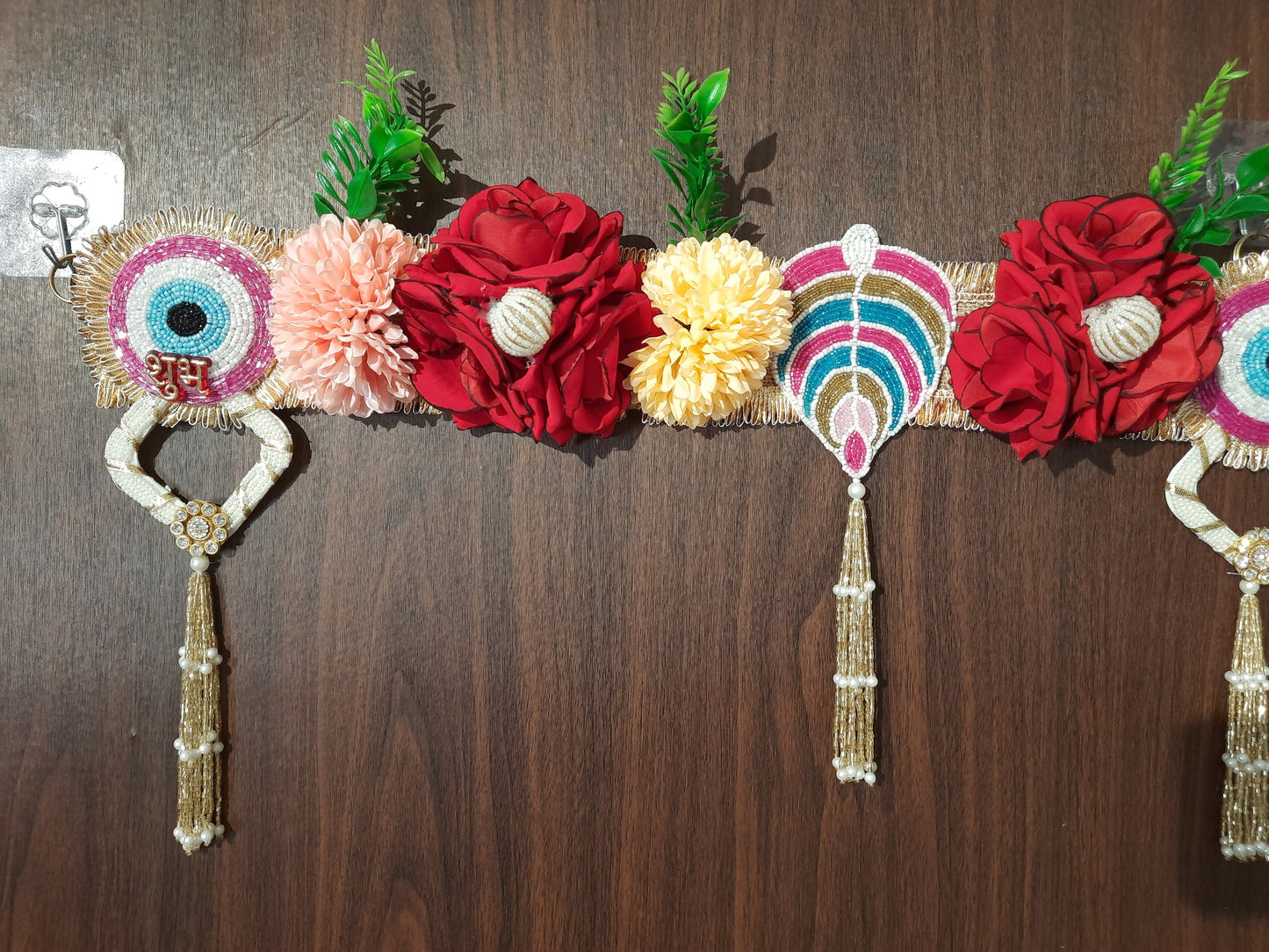 Floral Evil Eye & Shubh-Labh Toran with Beaded Tassels – Pink & Green Eye Variants