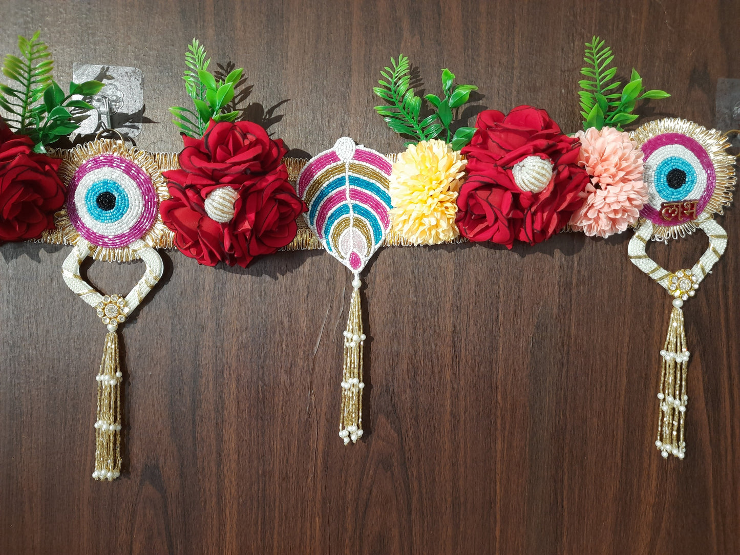Floral Evil Eye & Shubh-Labh Toran with Beaded Tassels – Pink & Green Eye Variants
