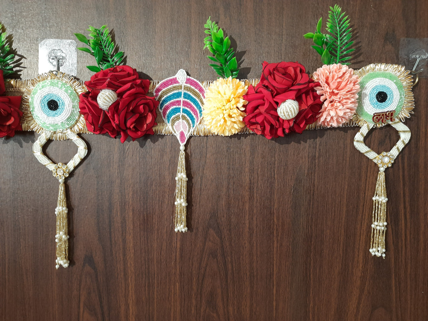 Floral Evil Eye & Shubh-Labh Toran with Beaded Tassels – Pink & Green Eye Variants