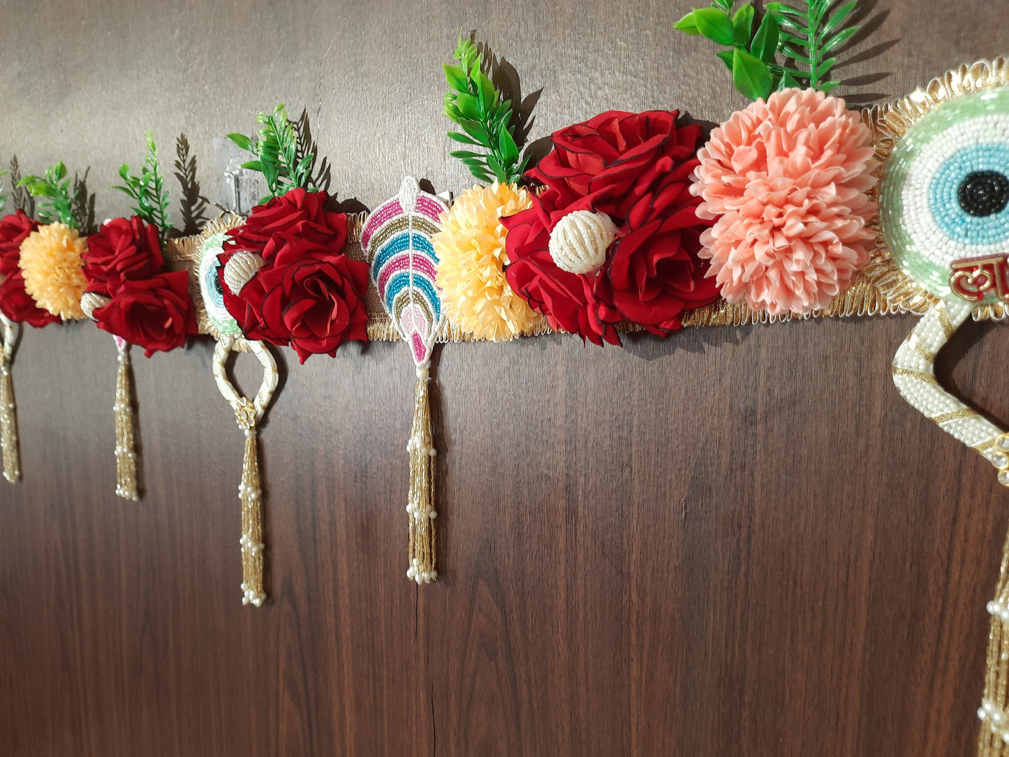 Floral Evil Eye & Shubh-Labh Toran with Beaded Tassels – Pink & Green Eye Variants