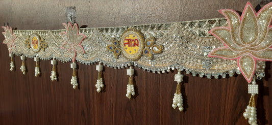Beaded Lotus & Shubh-Labh Designer Toran with Pearl Tassels – Golden & Pink Accents