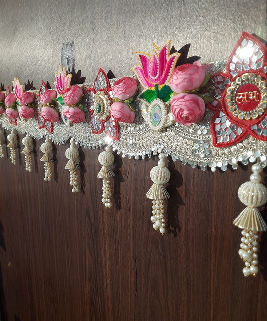 Lotus & Rose Shubh Labh Toran with Mirror Work and Pearl Tassels