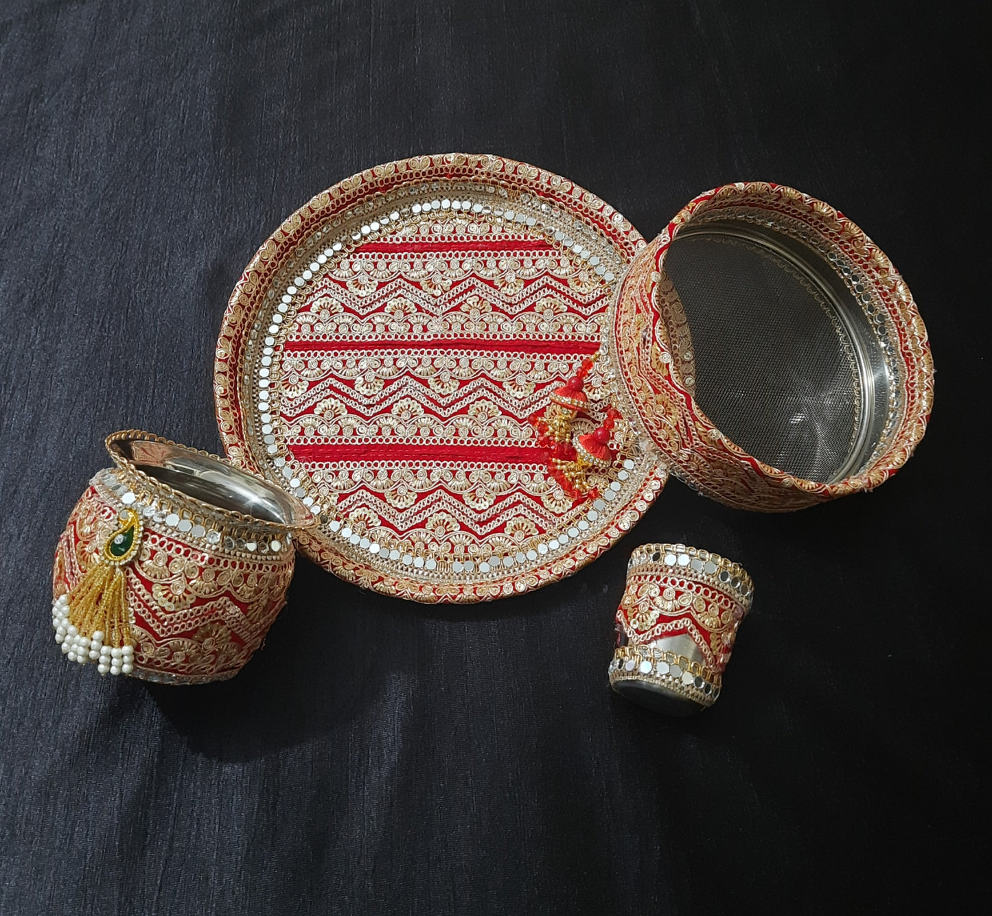 Classic Red Lace Karwa Chauth Thali Set