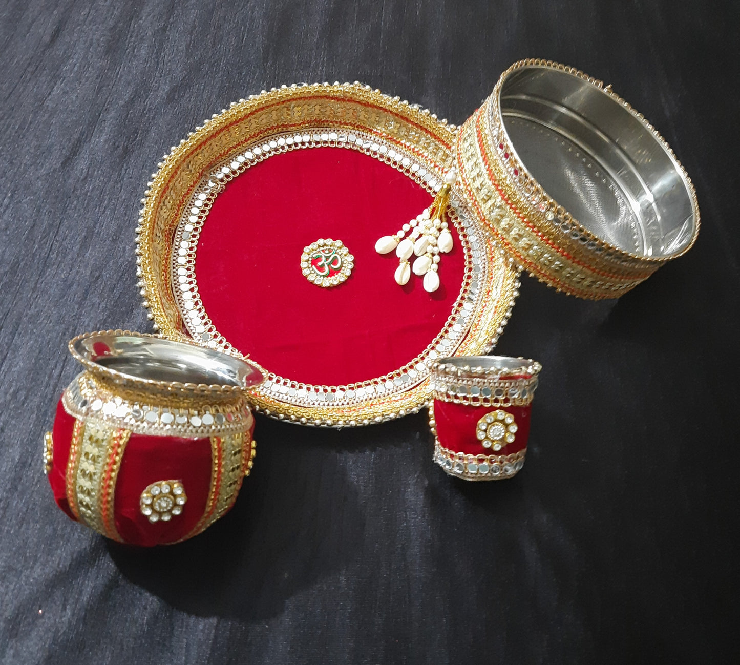 Royal Red Velvet Karwa Chauth Thali Set with Om Design