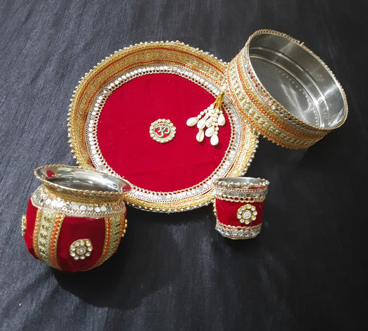 Royal Red Velvet Karwa Chauth Thali Set with Om Design