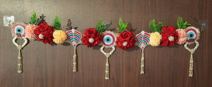 Floral Evil Eye & Shubh-Labh Toran with Beaded Tassels – Pink & Green Eye Variants