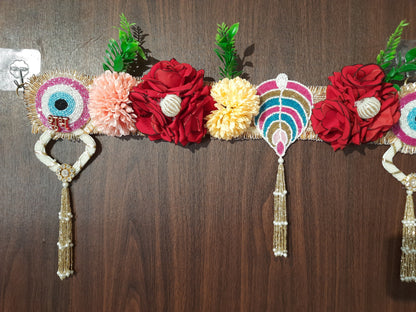 Floral Evil Eye & Shubh-Labh Toran with Beaded Tassels – Pink & Green Eye Variants