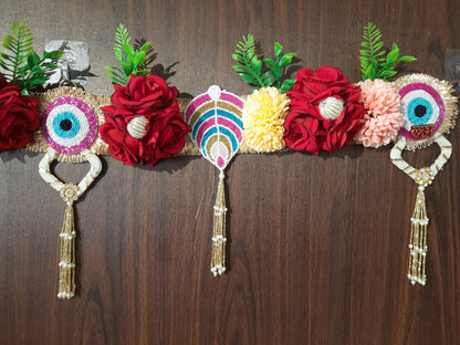 Floral Evil Eye & Shubh-Labh Toran with Beaded Tassels – Pink & Green Eye Variants