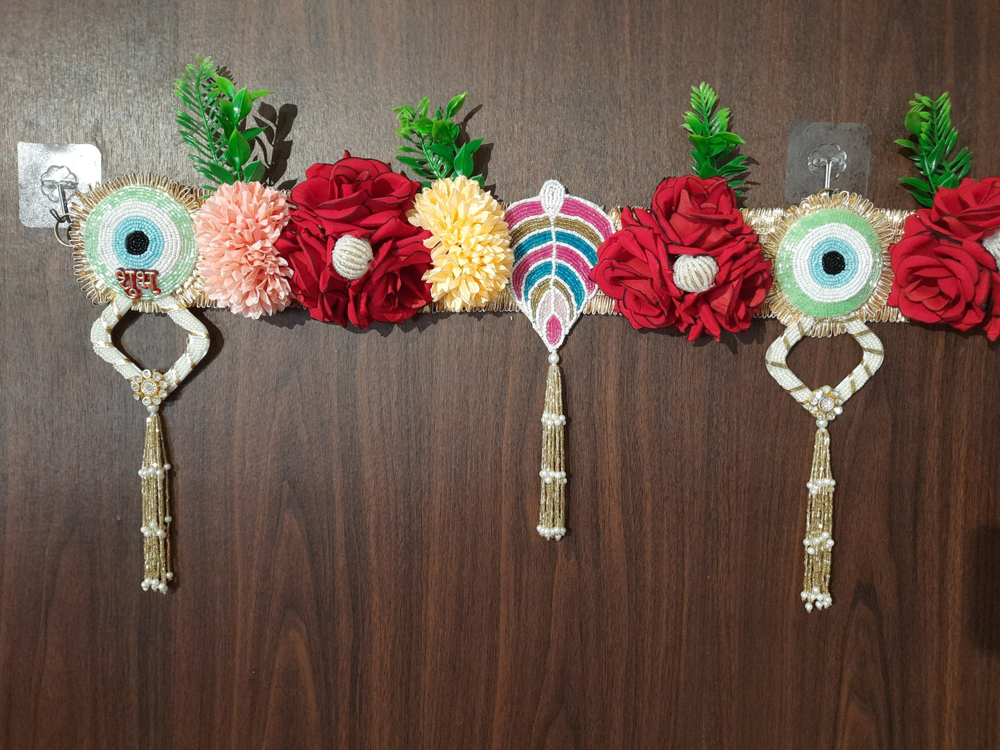 Floral Evil Eye & Shubh-Labh Toran with Beaded Tassels – Pink & Green Eye Variants