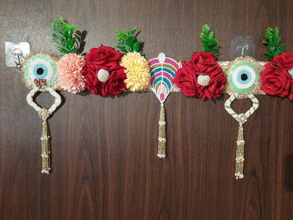 Floral Evil Eye & Shubh-Labh Toran with Beaded Tassels – Pink & Green Eye Variants