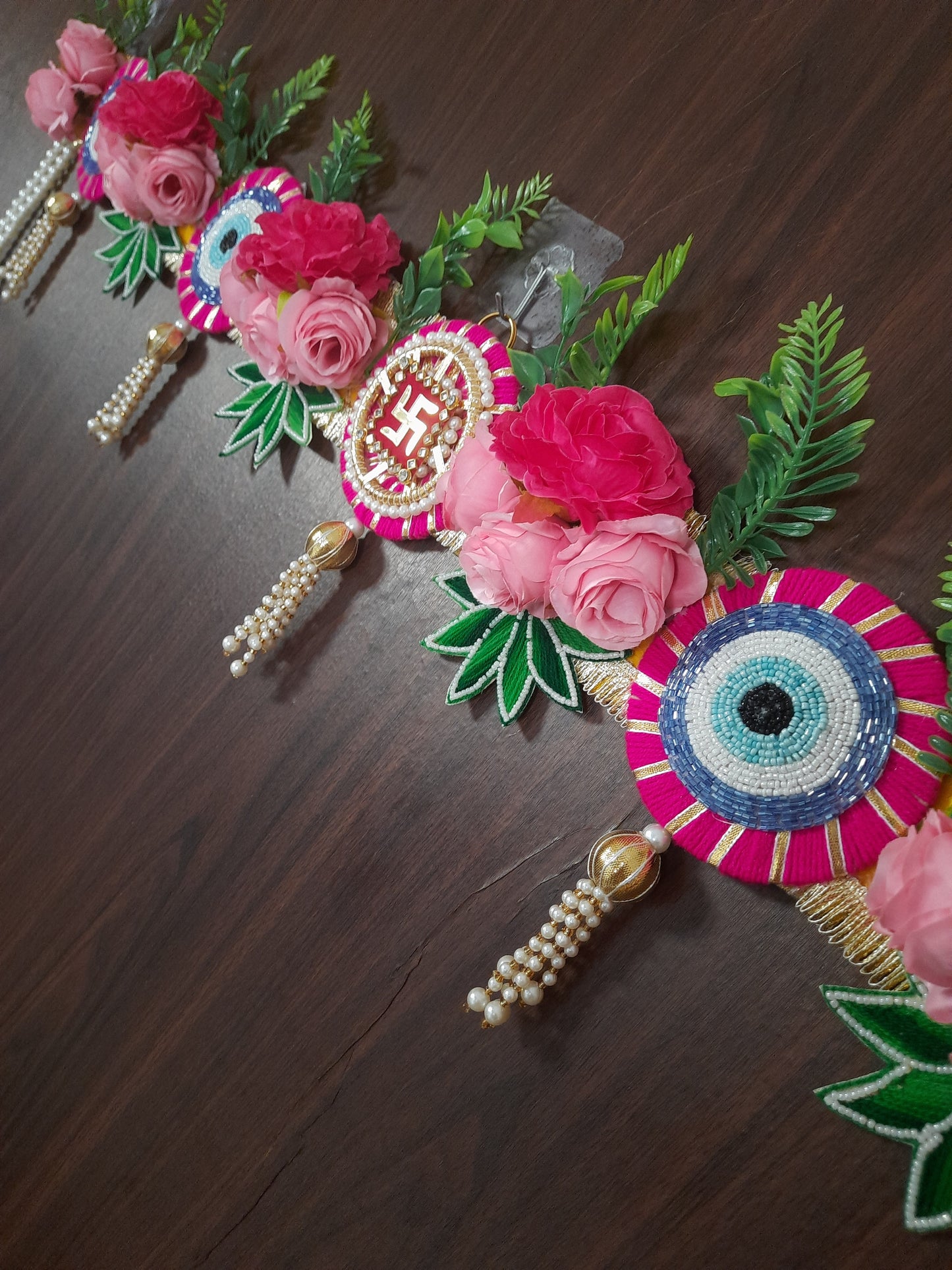 Evil Eye Leave Toran with Swastik Bead Tassels