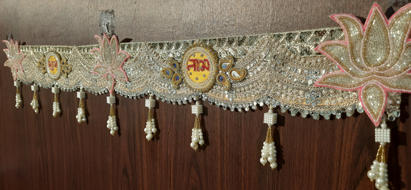 Beaded Lotus & Shubh-Labh Designer Toran with Pearl Tassels – Golden & Pink Accents