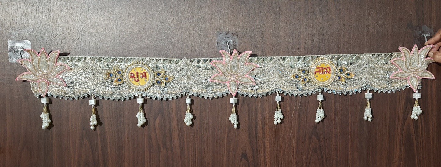 Beaded Lotus & Shubh-Labh Designer Toran with Pearl Tassels – Golden & Pink Accents