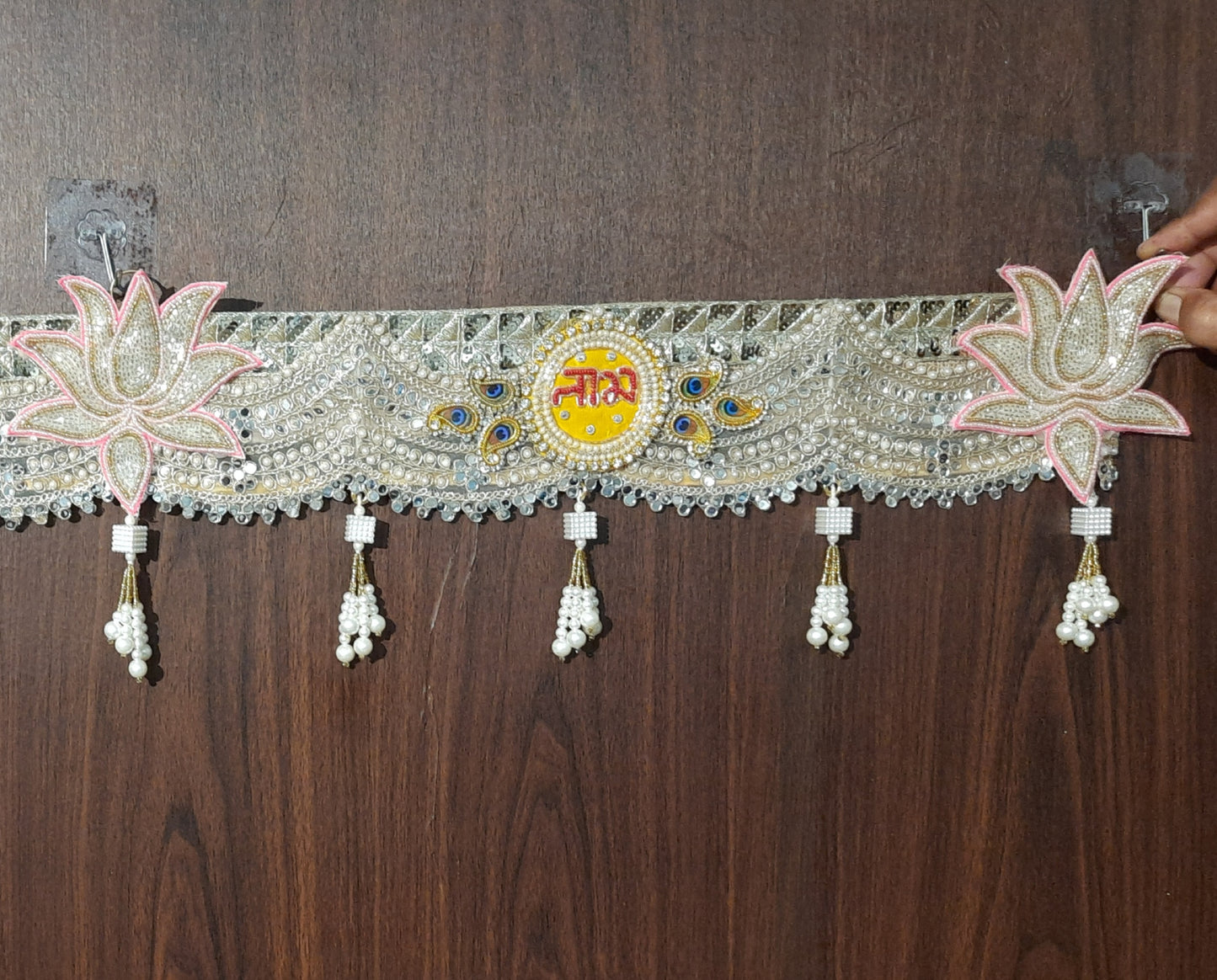 Beaded Lotus & Shubh-Labh Designer Toran with Pearl Tassels – Golden & Pink Accents