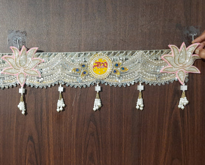 Beaded Lotus & Shubh-Labh Designer Toran with Pearl Tassels – Golden & Pink Accents