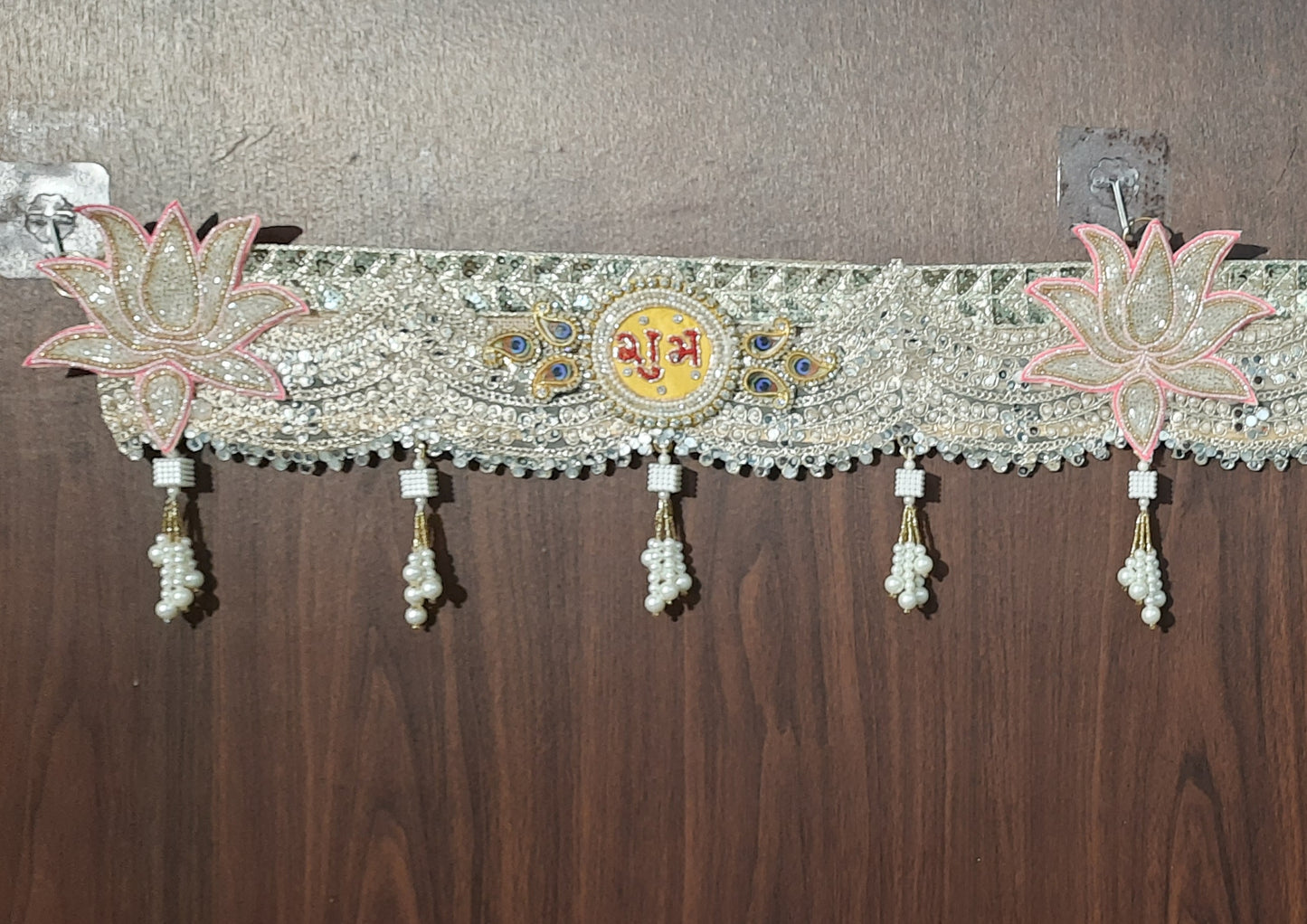 Beaded Lotus & Shubh-Labh Designer Toran with Pearl Tassels – Golden & Pink Accents