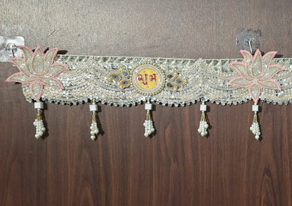 Beaded Lotus & Shubh-Labh Designer Toran with Pearl Tassels – Golden & Pink Accents