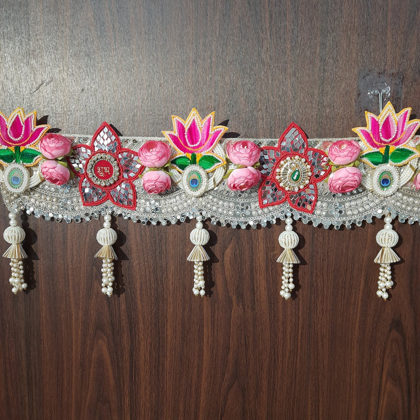 Lotus & Rose Shubh Labh Toran with Mirror Work and Pearl Tassels