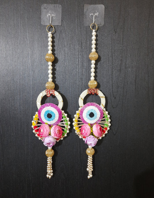 Handmade Shubh Labh Door Hanging with Beads & Floral Design (Set of 2)