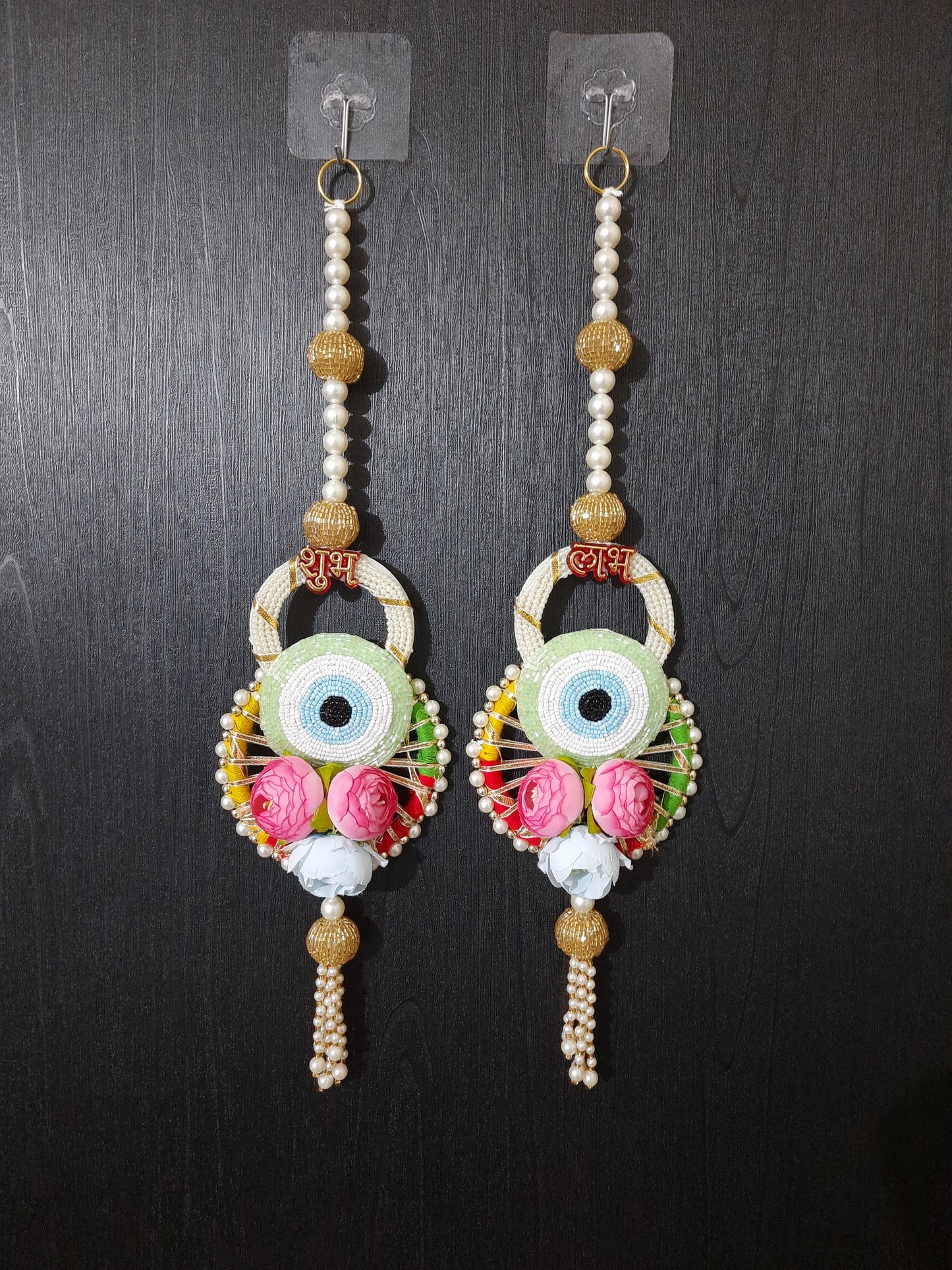 Handmade Shubh Labh Door Hanging with Beads & Floral Design (Set of 2)