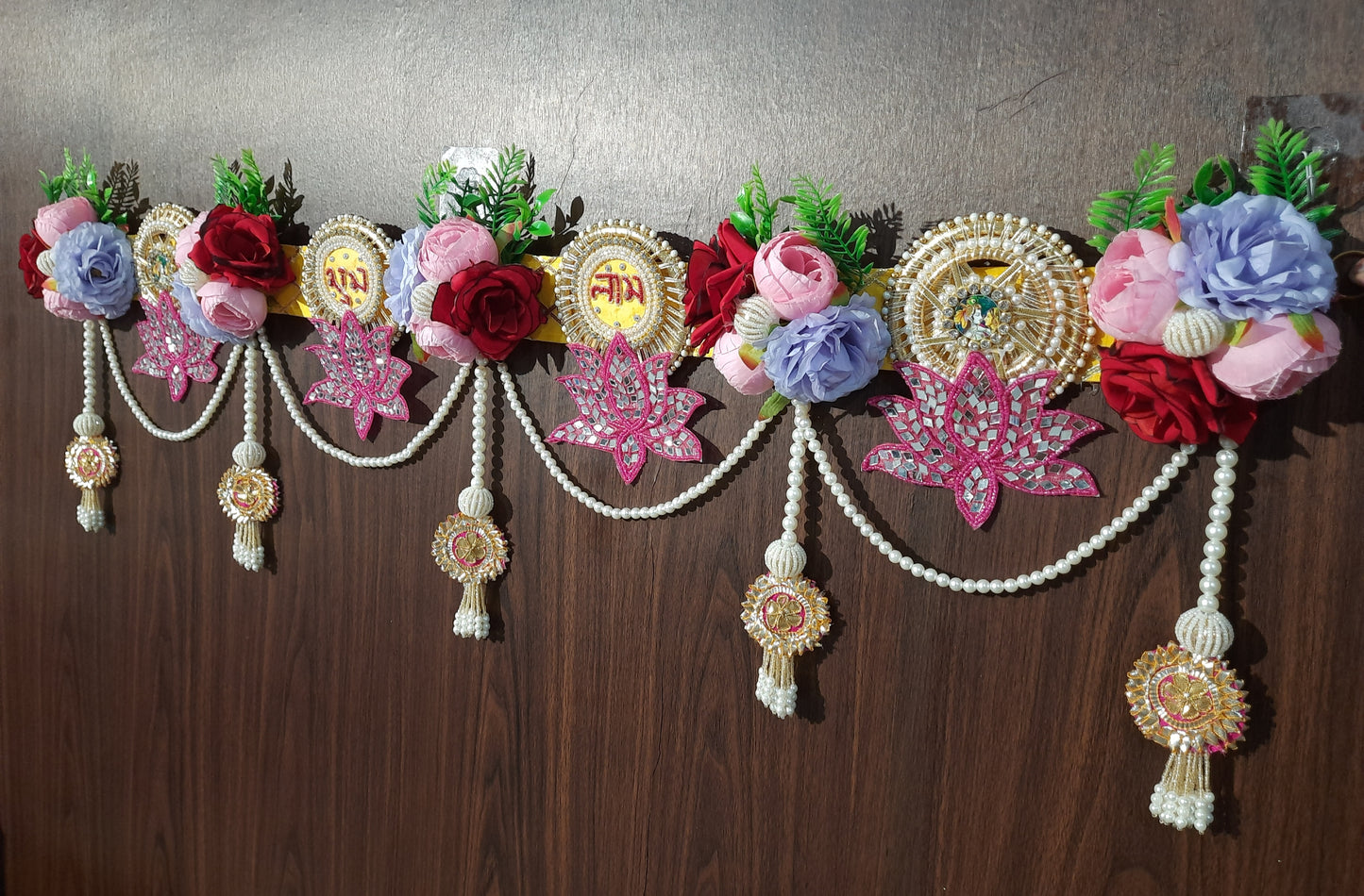 Handmade Shubh labh Floral Toran with Mirror lotus Patch Work Hanging Decoration